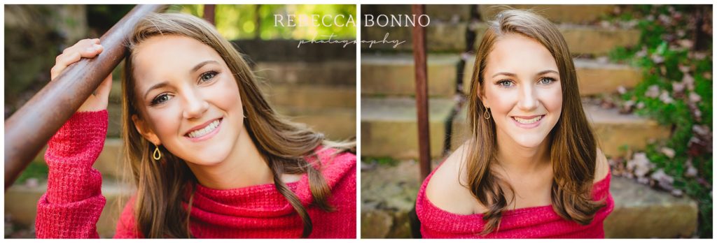 senior girl in woodstock senior pictures in red dress 